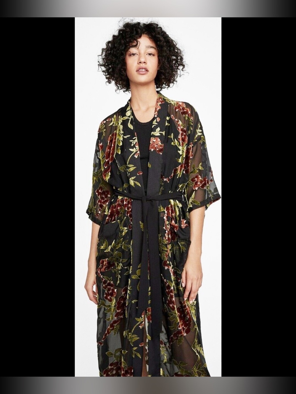 Zara Sheer Black Floral Velvet-Print Kimono Robe